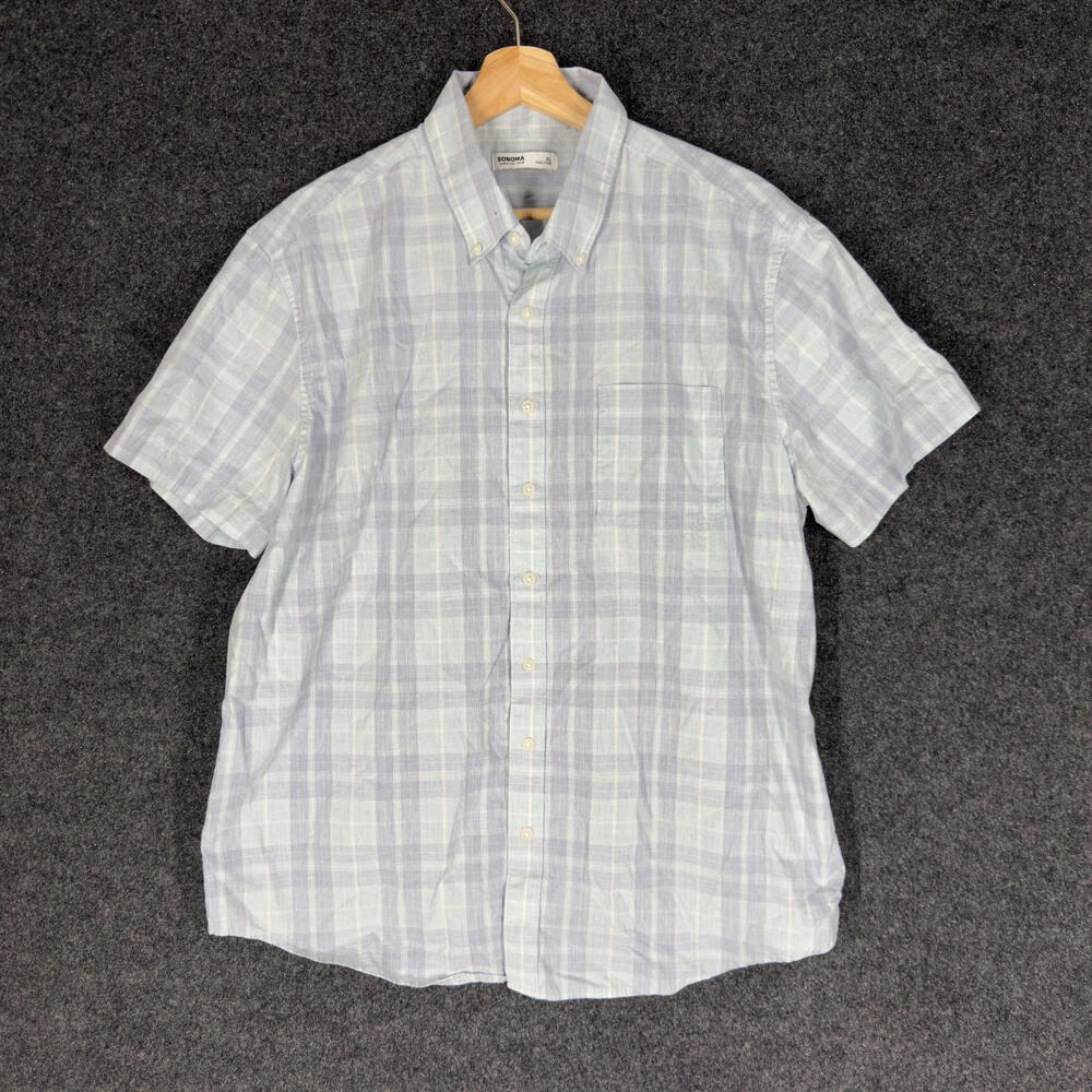 Sonoma Shirt Men XL Gray Plaid Button Up Collared Short Sleeve Pockets Cotton
